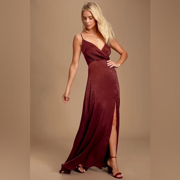 Lulus Dresses & Skirts - Lulus Constatine Burgundy Satin Wrap Maxi Dress Gown M